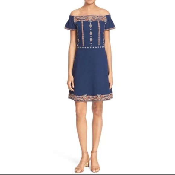 Tory Burch Navy Blue W/ Orange Embroidered Off The Shoulder Dress SZ XS - Picture 1 of 7